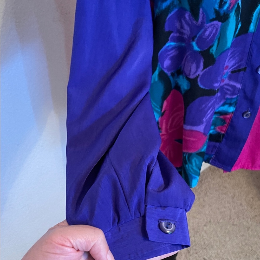 Colorblock Floral Button-Up Shirt - Pink, Purple, Teal - Picture 3 of 8